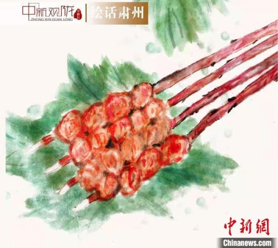 圖為酒泉美食“紅柳烤肉”繪畫作品?！《排d彥 攝