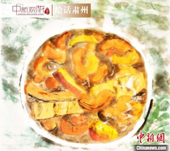 圖為酒泉美食“糊鍋”繪畫作品?！《排d彥 攝