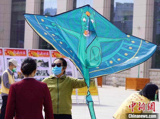 5月18日，甘肅省博物館為觀眾免費(fèi)發(fā)放文創(chuàng)產(chǎn)品“綠馬飛俠”風(fēng)箏。　 九美旦增 攝