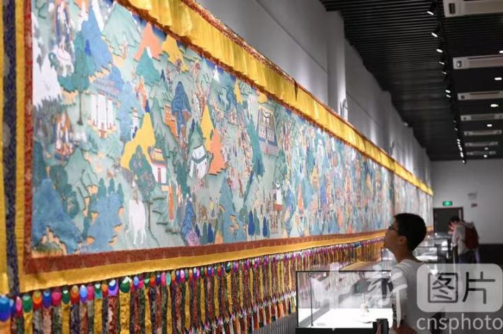 圖為一名小朋友觀看唐卡《涼州會(huì)盟》。 中新社記者 戴文昌 攝