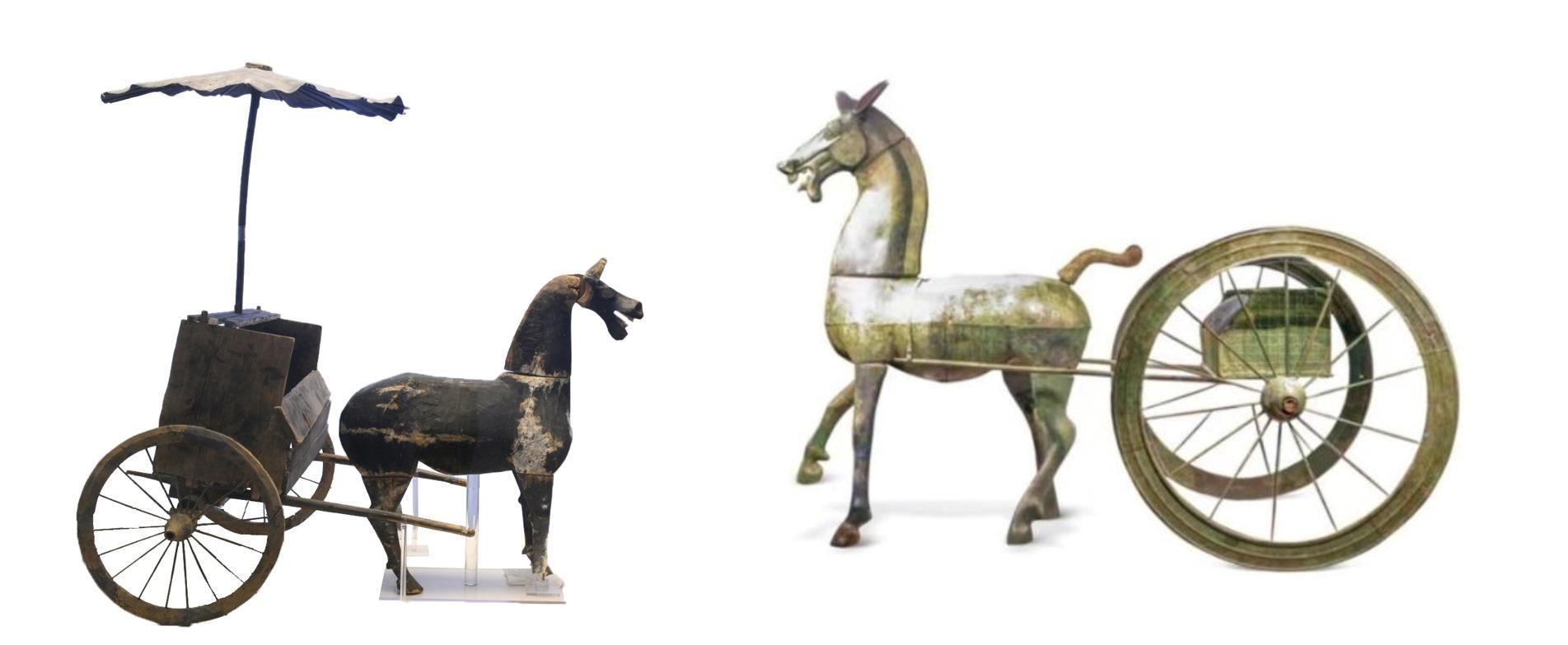 △左為漢代木軺車，藏于青海省博物館；右為東漢銅車馬，藏于黔西南州博物館。